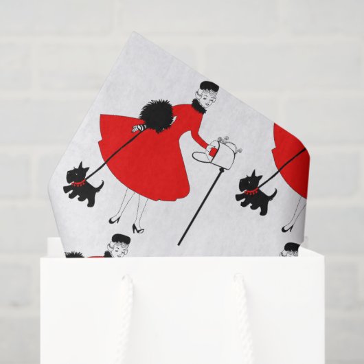 Kerstdame van 1950 met hond Wrapping Pape Tissuepapier (Cadeauzakje)
