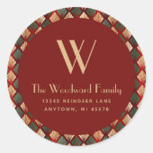 Kerstdeco Pattern Burgundy Gold Adres Ronde Sticker (Voorkant)