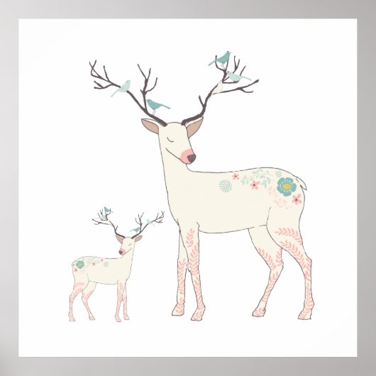 Kerstdeer Birds & Flowers Illustratie Poster (Voorkant)