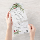 Kerstden en sneeuwvlokken met QR-code All In One Uitnodiging (Afscheurbaar)