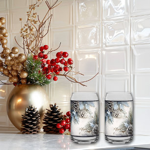Kerstdennenappels Holly Pine Branch Snow Blikvorm Glas