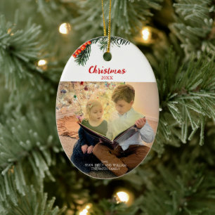Kerstdennenbessen Custom Family Photo Keramisch Ornament