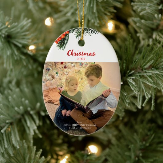 Kerstdennenbessen Custom Family Photo Keramisch Ornament (Boom)