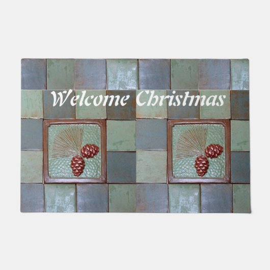 kerstdeuromat met Pinecones en Tiles Deurmat (Voorkant)