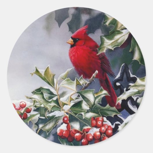 kerstdinaal vogel op Holly Berries Ronde Sticker (Voorkant)
