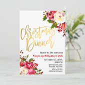 KERSTDINER Goud Modern Schrift Bloemig Bessen Kaart (Staand voorkant)