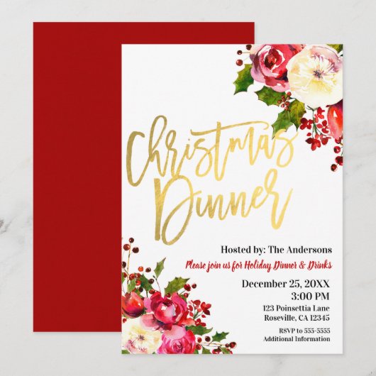 KERSTDINER Goud Modern Schrift Bloemig Bessen Kaart (Voorkant / Achterkant)