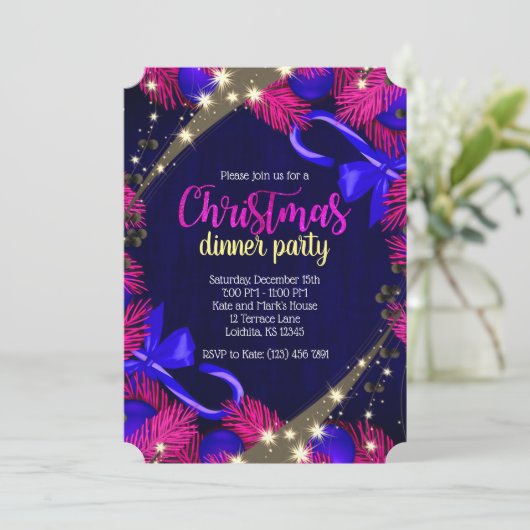 Kerstdiner Paarse & Blauw Feestticket Uitnodigen Kaart (Staand voorkant)