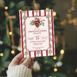 Kerstdiner partij rode retro strepen dennenboog kaart