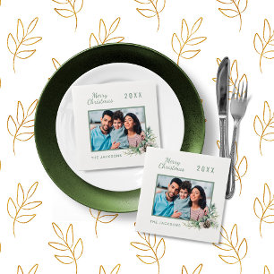 Kerstdiner witte kegel met foto naam servet