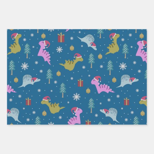 Kerstdinosaurus blauw inpakpapier vel (Voorkant 2)
