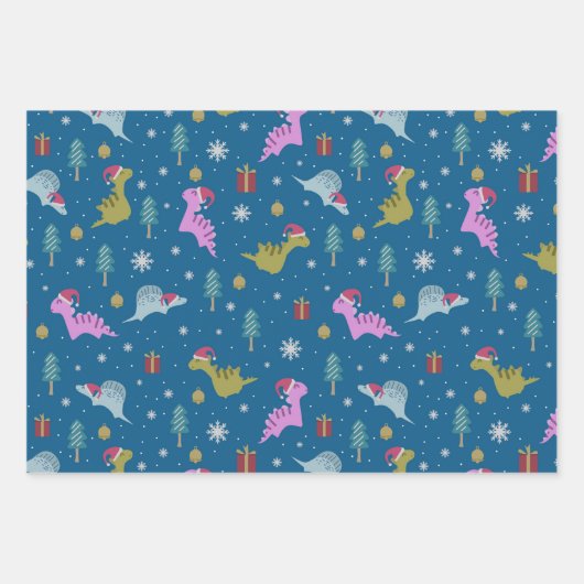 Kerstdinosaurus blauw inpakpapier vel (Voorkant)