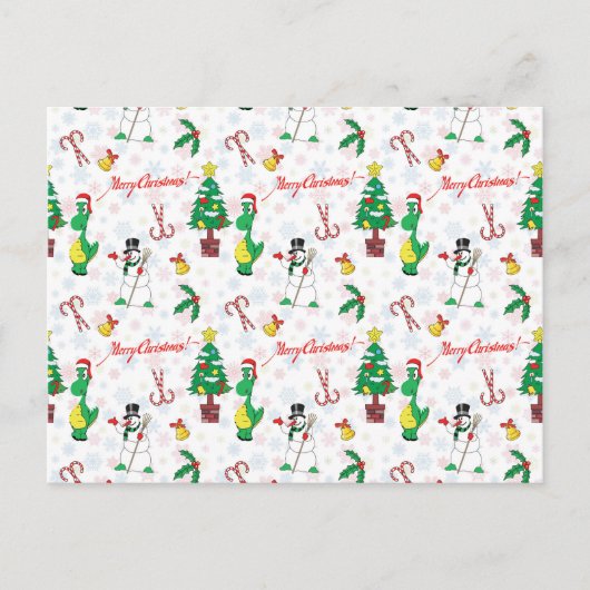 Kerstdinosaurus en sneeuwman briefkaart (Voorkant)