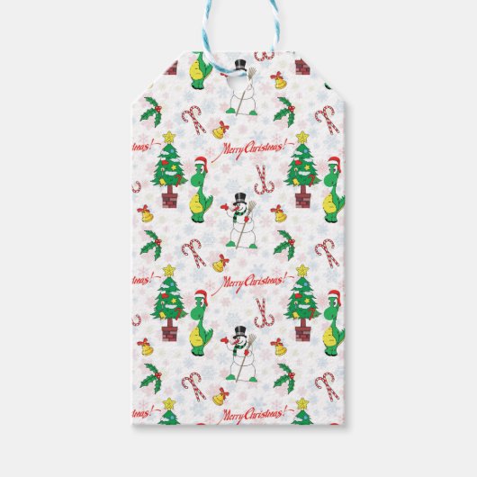 Kerstdinosaurus en sneeuwman cadeaulabel (Voorkant)