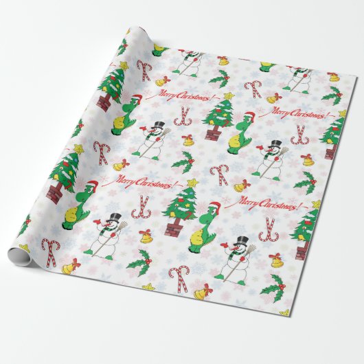 Kerstdinosaurus en sneeuwman cadeaupapier (Uitgerold)