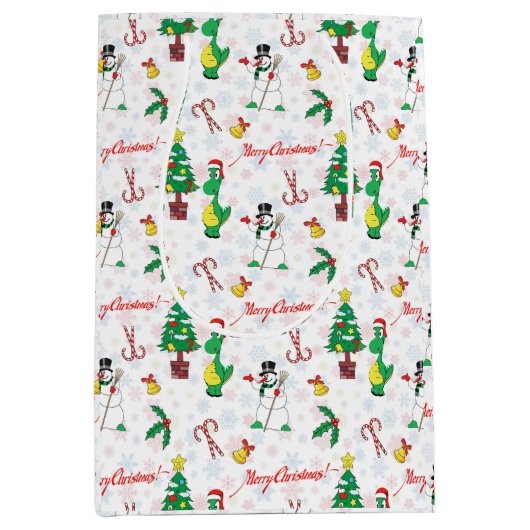 Kerstdinosaurus en sneeuwman medium cadeauzakje (Voorkant)