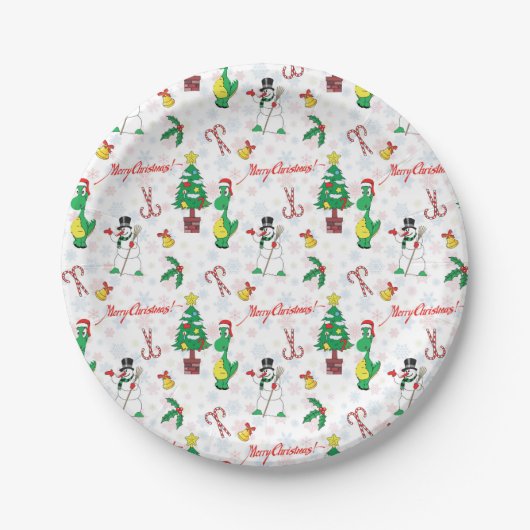 Kerstdinosaurus en sneeuwman papieren bordje (Voorkant)