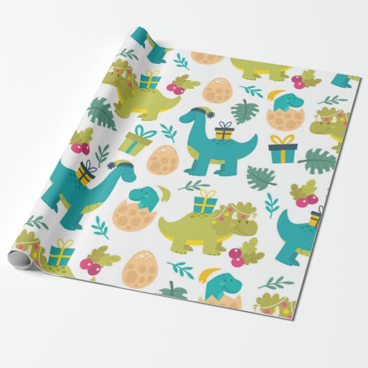 kerstdinosaurussen cadeaupapier (Uitgerold)