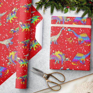 Kerstdinosaurussen met kerstmutsen Patroon Cadeaupapier