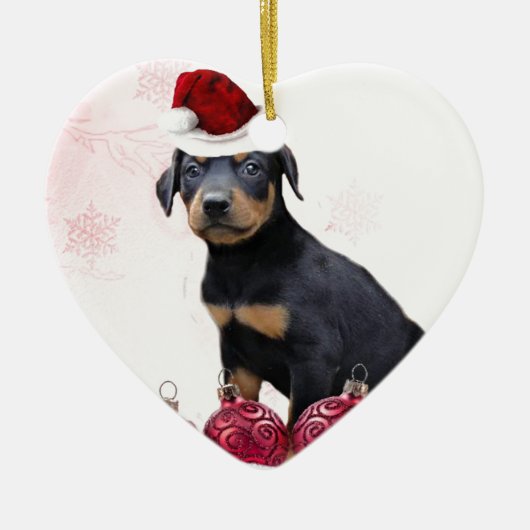 Kerstdobermanpuppy Keramisch Ornament (Voorkant)
