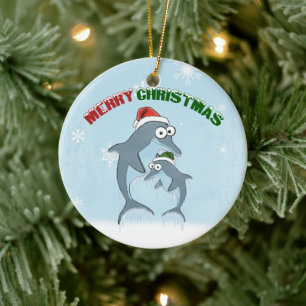 Kerstdolfijnen, versierd (dubbelzijdig) keramisch ornament