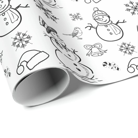 Kerstdoodle Snowman Funny Black and White Cadeaupapier (Rol Hoek)