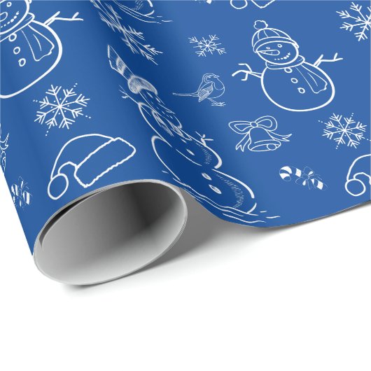 kerstdoodle Snowman Funny Blue en White Cadeaupapier (Rol Hoek)