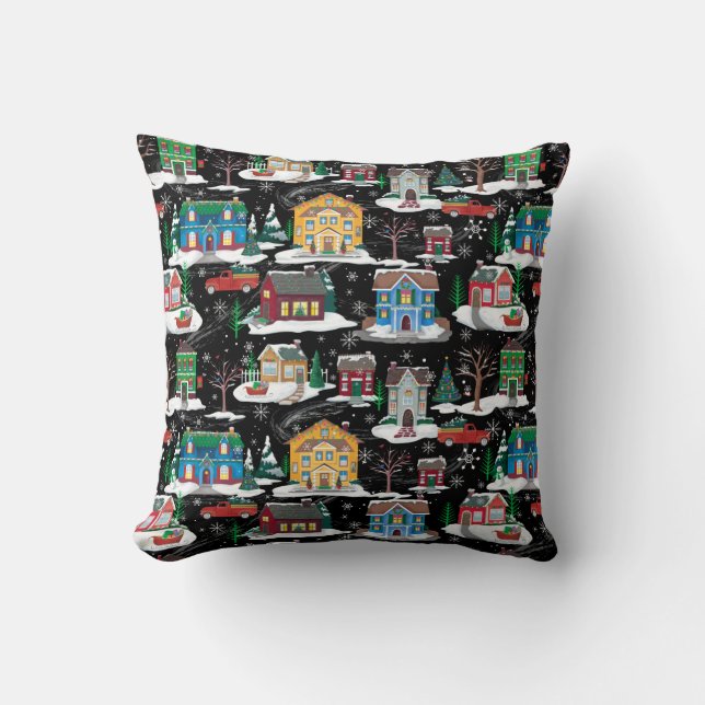 Kerstdorp Print Holiday Pillow Kussen (Voorkant)