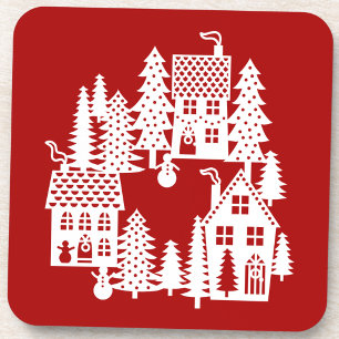 Kerstdorp Rood en wit Bier Onderzetter