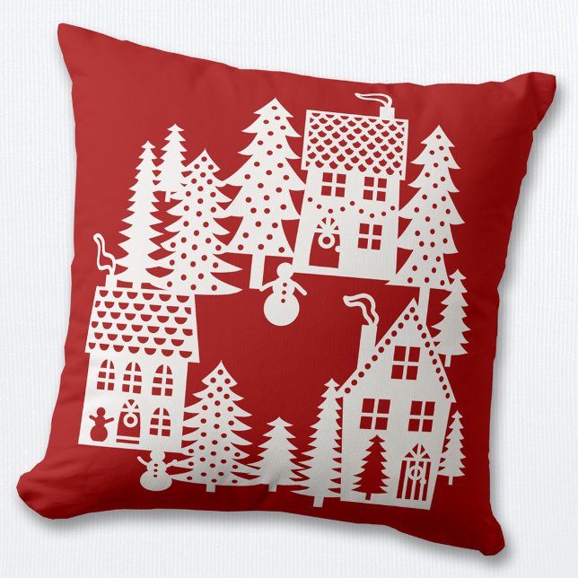 Kerstdorp Rood en wit Kussen (Christmas snowy village scene red and white pillow)