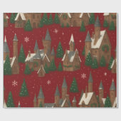 kerstdorp | Rood met besneeuwde huizen en dennen Cadeaupapier (Vlak)