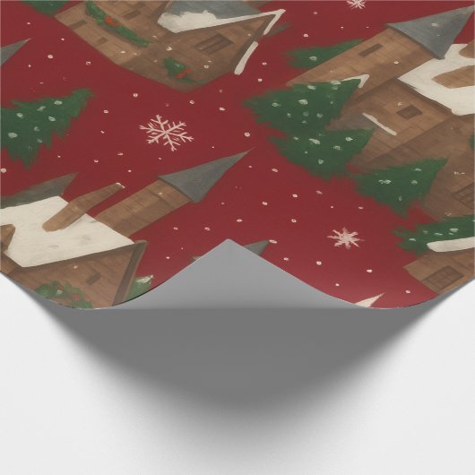 kerstdorp | Rood met besneeuwde huizen en dennen Cadeaupapier (Hoek)