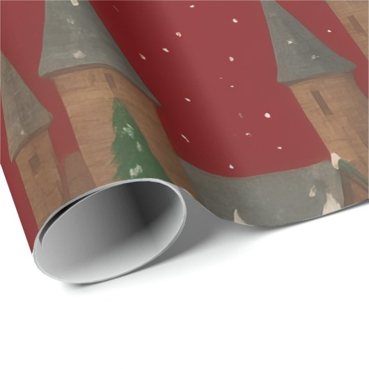 kerstdorp | Rood met besneeuwde huizen en dennen Cadeaupapier (Rol Hoek)