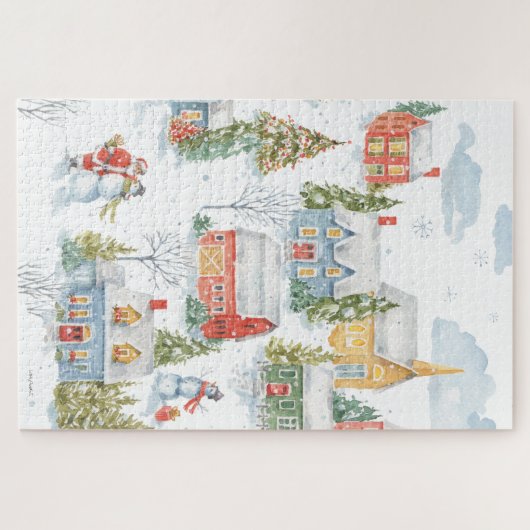 Kerstdorp Santa Snowmen Waterverf Legpuzzel (Horizontaal)