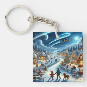 Kerstdorp Snowy Scene Schilderij Sleutelhanger