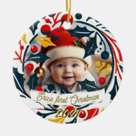 Kerstdrieluikkrans voor de eerste kerst van de bab keramisch ornament