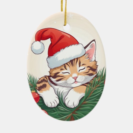 Kerstdromen - Sleeping Kitten in Santa Hat Keramisch Ornament (Achterkant)