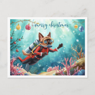 Kerstduik Siamese Kat Onder Vakantieprentbriefkaar Feestdagenkaart