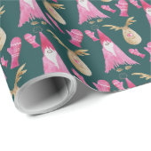 Kerstdwergen en rendieren met roze handschoenen cadeaupapier (Rol Hoek)