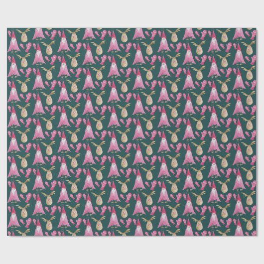 Kerstdwergen en rendieren met roze handschoenen cadeaupapier (Vlak)