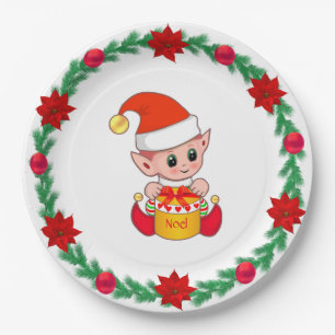 Kerstelf, dennenkrans, poinsettia's & kerstballen papieren bordje