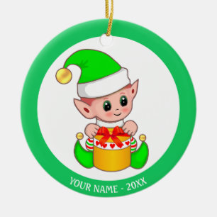 Kerstelf in het groen & eigen naam keramisch ornament