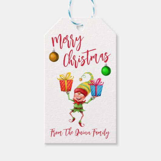 Kerstelf met cadeaus vrolijk kerstfeest cadeaulabel (Voorkant)