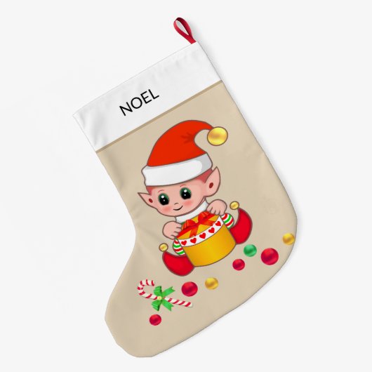 Kerstelf met kerstballen op beige grote kerstsok (Achterkant (Hangend))