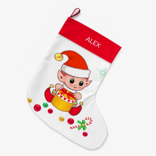 Kerstelf met kerstballen op wit grote kerstsok (Voorkant (Hangend))