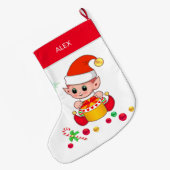 Kerstelf met kerstballen op wit grote kerstsok (Achterkant (Hangend))