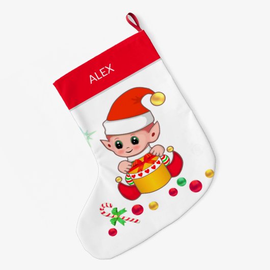 Kerstelf met kerstballen op wit grote kerstsok (Achterkant (Hangend))