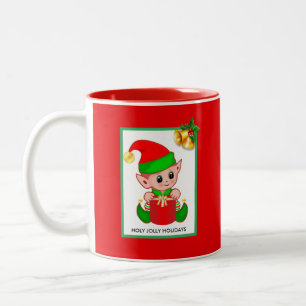 Kerstelf op rode tweekleurige koffiemok