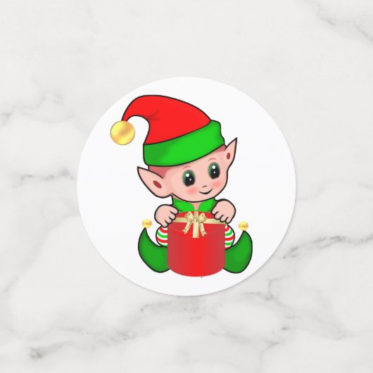 Kerstelf, pijnbomen, rode ballen en sterren confetti (Kleine voorkant)