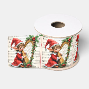 Kerstelf speelt op een harp grosgrain lint